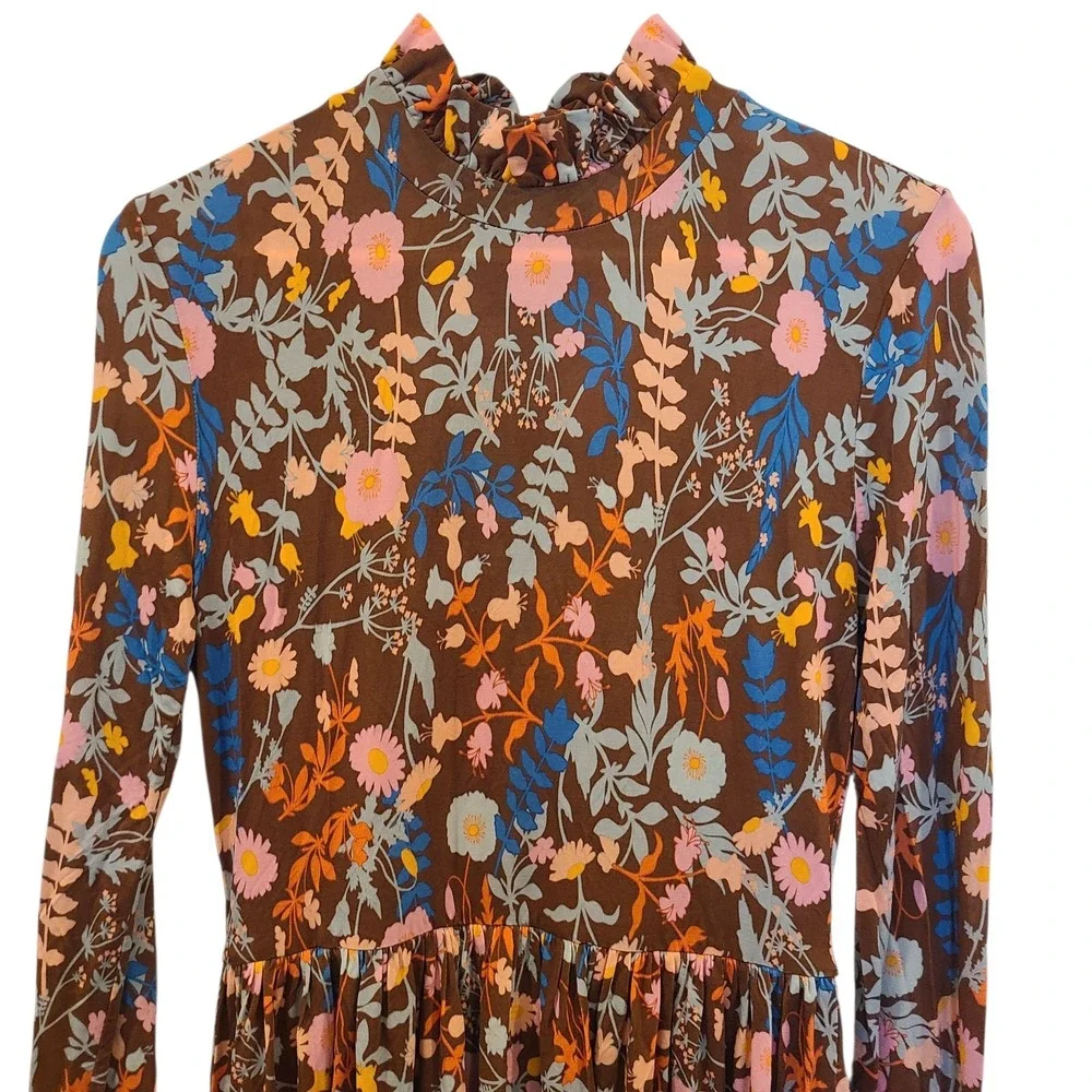 STINE GOYA Clarabelle Midi Dress Brown Floral Ruffles Knit Jersey Flowy‎ Size 4